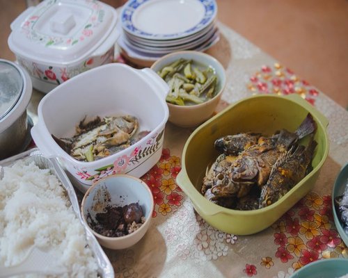 Family dining table with simple Pakistani home cooked food